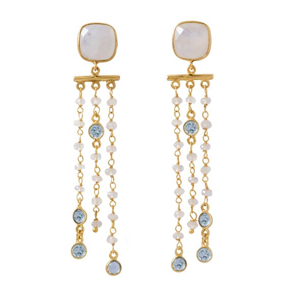 Rainbow Moonstone Bar Drop Earrings with Blue Topaz Gold-plated Sterling Silver