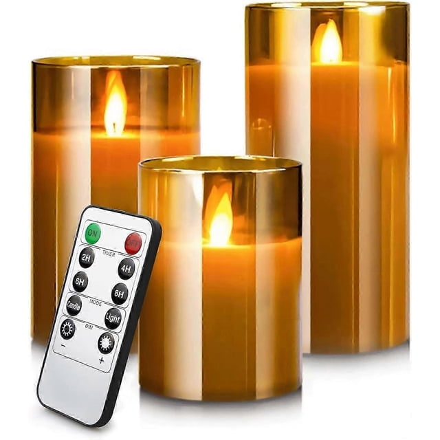 LED Flameless Candles, Electric Pillar Candles in Gold Glass LED Flickering Flame, Battery Operated Candles with Remote Control and Timer