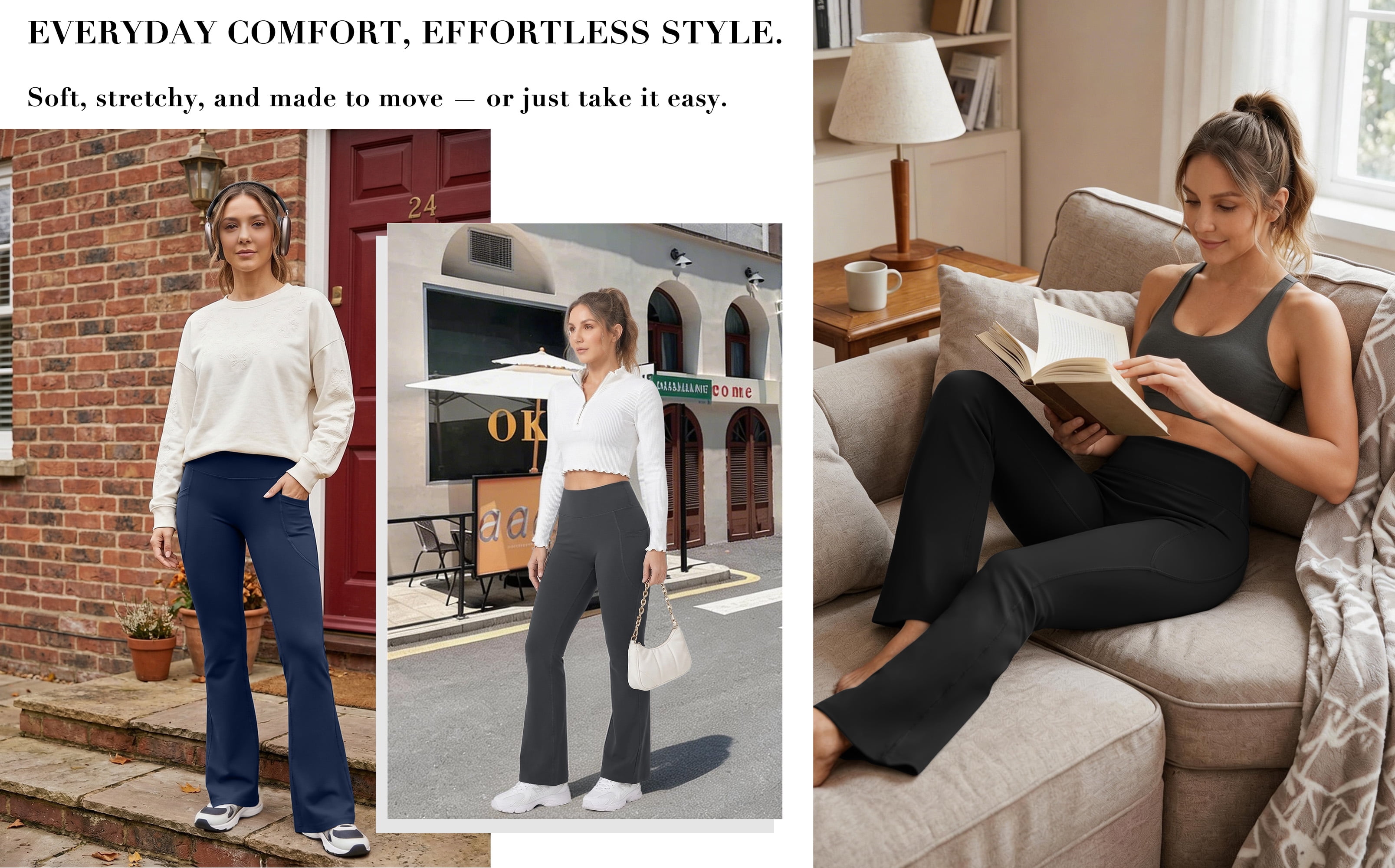 Rosvigor Flare Yoga Pants for Women High Waisted Leggings Tummy Control Workout Pants No Front Seam Trousers with Pockets