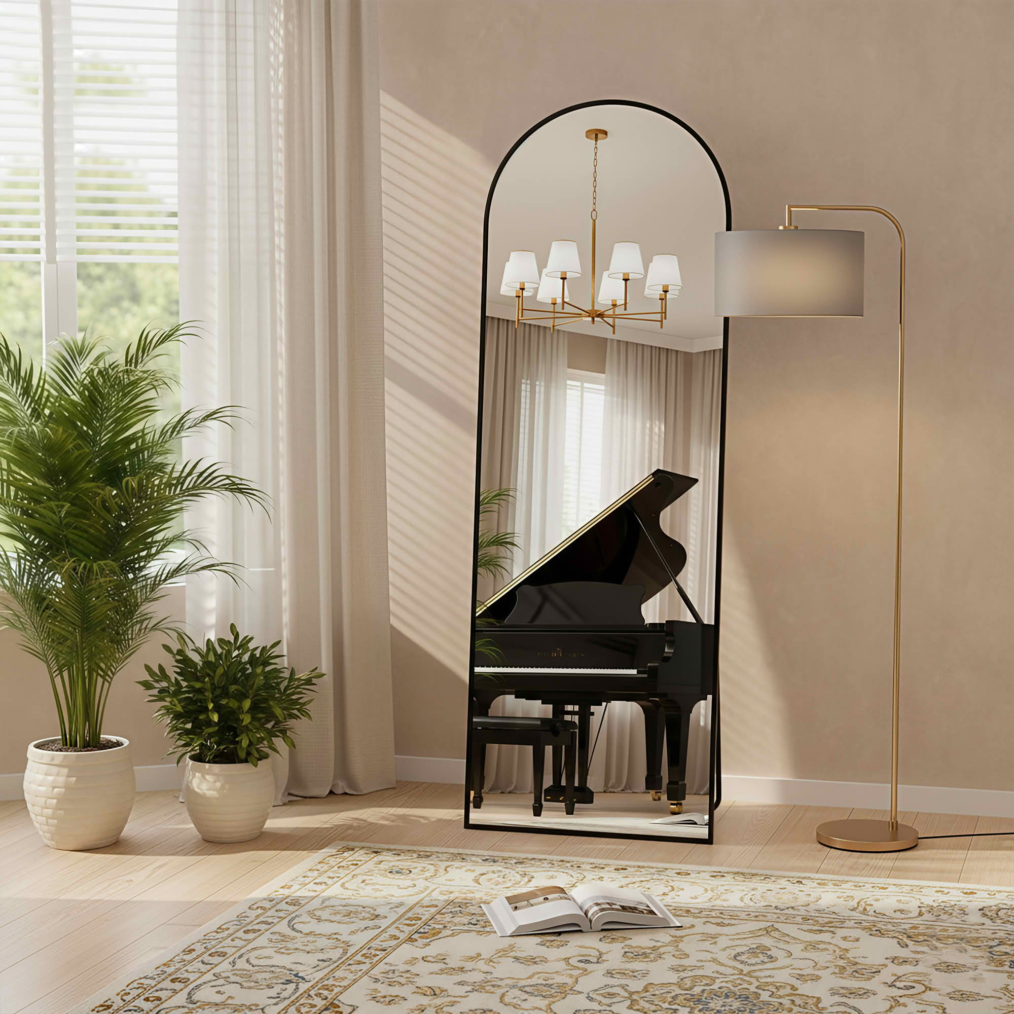 MAYEERTY 56"x18" Aluminum Arch Shape Full-Length Mirror, Tempered Glass With Stand, Black