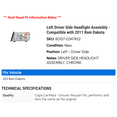 thumbnail image 2 of Left Driver Side Headlight Assembly - Compatible with 2011 Ram Dakota, 2 of 2