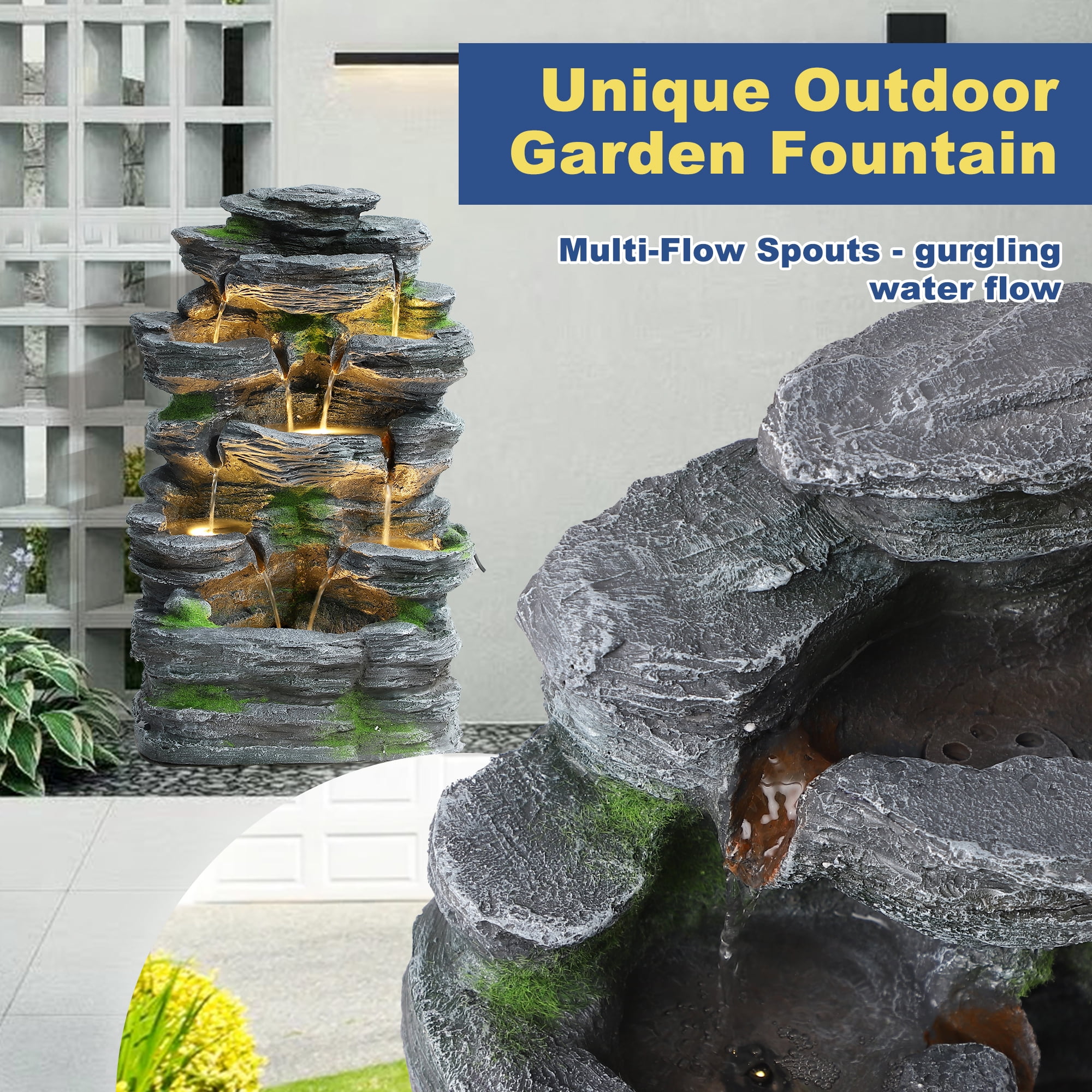 Haverchair 7 Tier Cascading Rock Outdoor Water Fountain, Garden Freestanding Rockery Natural Waterfall Fountains Outdoor with LED Light, Soothing Tranquility Fountains for Home Garden Yard, 24"H