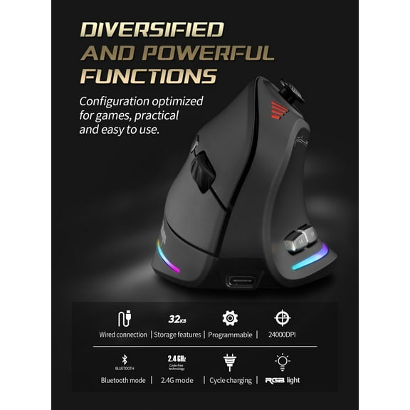 Jomaa Backlit Vertical Ergonomic Mouse 2.4G Wireless Mouse with Joystick Programming Game Mouse 24000DPI Wired Mice