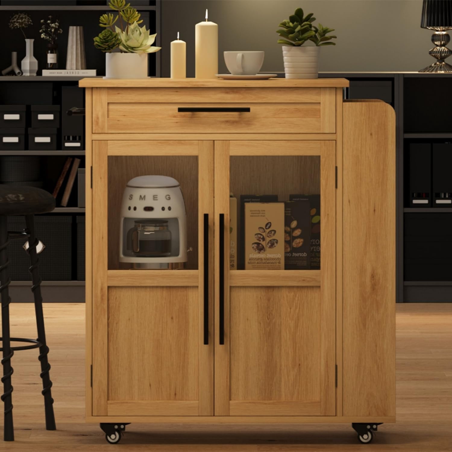 Garvee Oak Mobile Kitchen Island Cart with 360° Rolling Wheels, Drawers, Spice Rack, Black Handle – Versatile Storage & Serving Cart for Kitchen and Dining Room