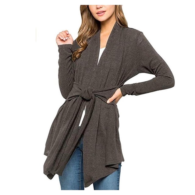 Leutsin Cardigan à Manches Longues Couleur Unie Ourlet Irrégulier Taille Nouée pour Femmes