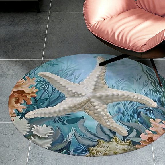 RKSupls Starfish Corals Algae Marine Round Flannel Floor Mat, Soft Non-Slip Washable Rug suitable for Living Room Bedroom Study, Decorative Floor Rug