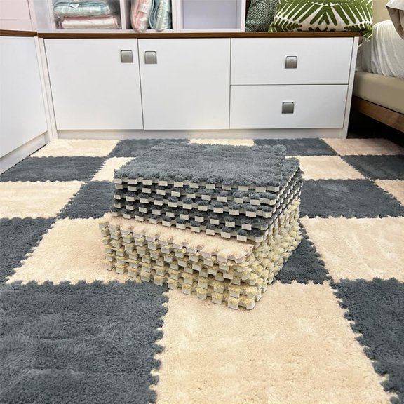 12pcs Carpet Squares Puzzle Floor Mat, Plush Interlocking Carpet Tiles, Anti-Slip EVA Foam Jigsaw Play Mat for Bedroom, Playroom, Nursery & Living Room