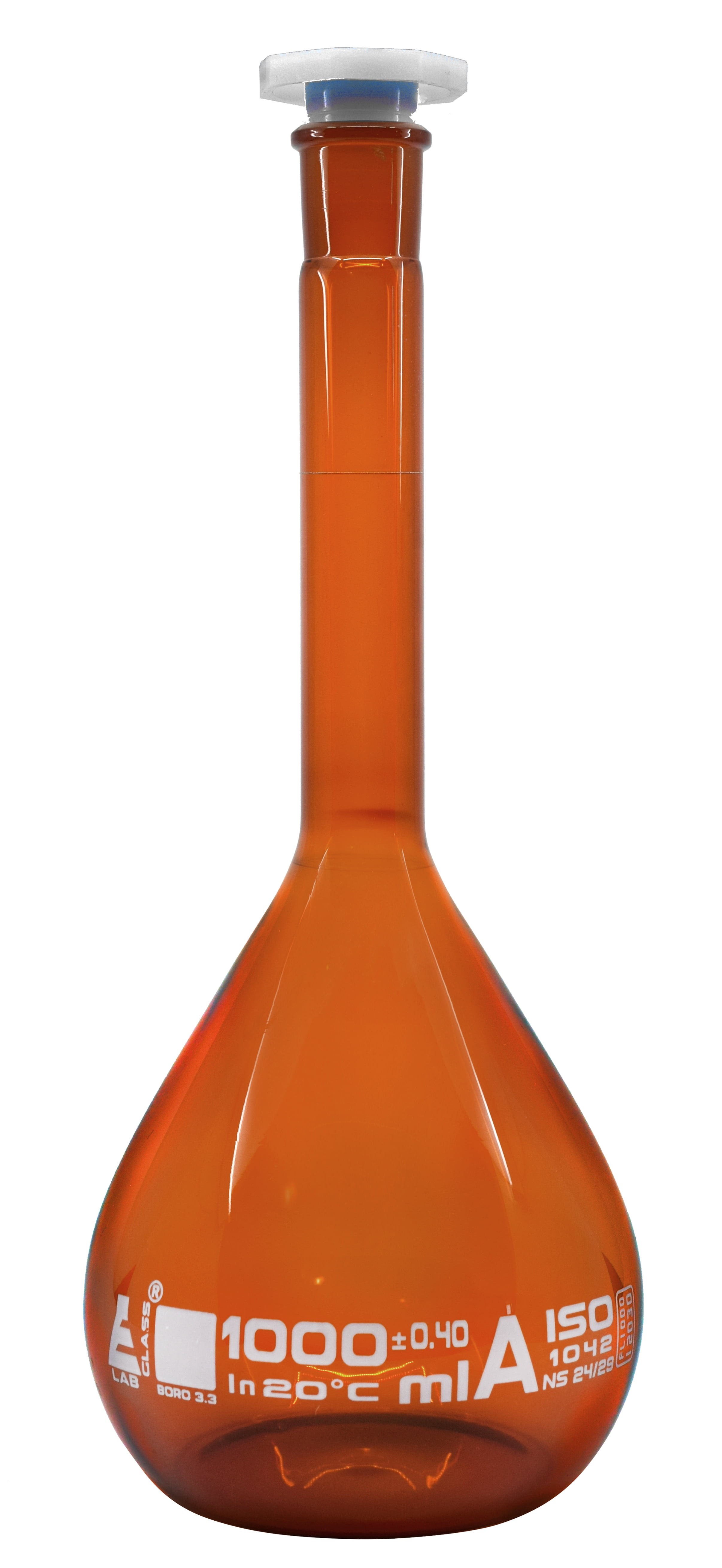 Volumetric Flask, 1000ml Amber Fitted with 24/28 Polypropylene Stopper Class A, Tolerance
