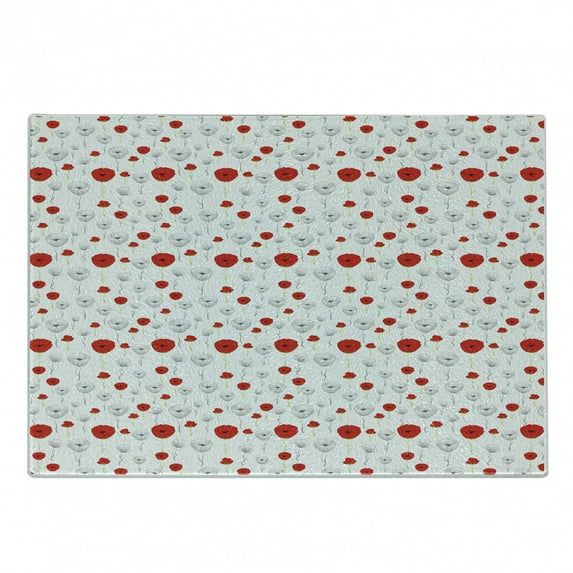 Poppy Flower Cutting Board, Tender Spring Blossoms with Curly Stems Rurals in Modern Design, Decorative Tempered Glass Cutting and Serving Board, Small Size, Scarlet Green Pale Grey, by Ambesonne