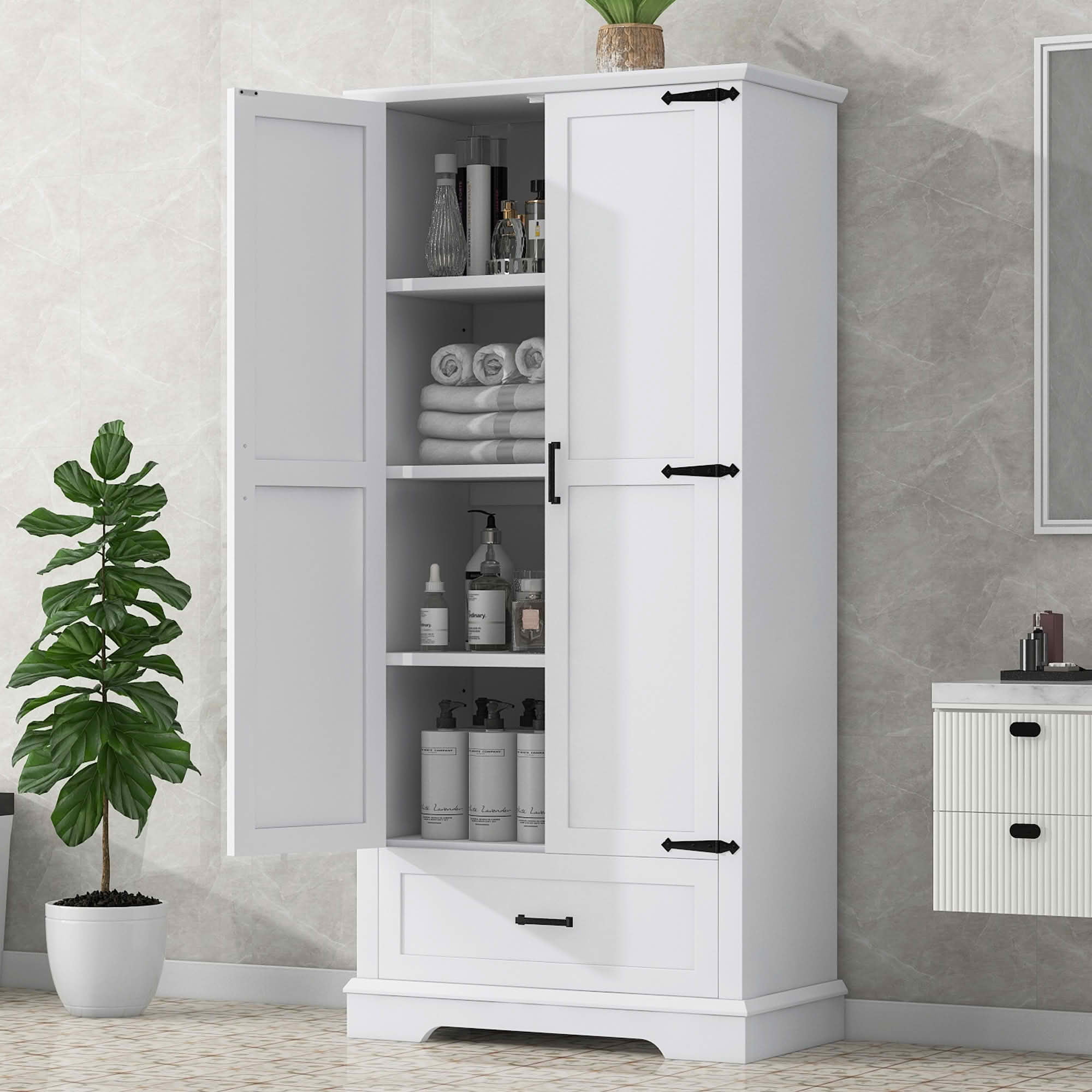 MAYEERTY Tall Bathroom Cabinet 2 Doors 1 Drawer Adjustable Shelf MDF White