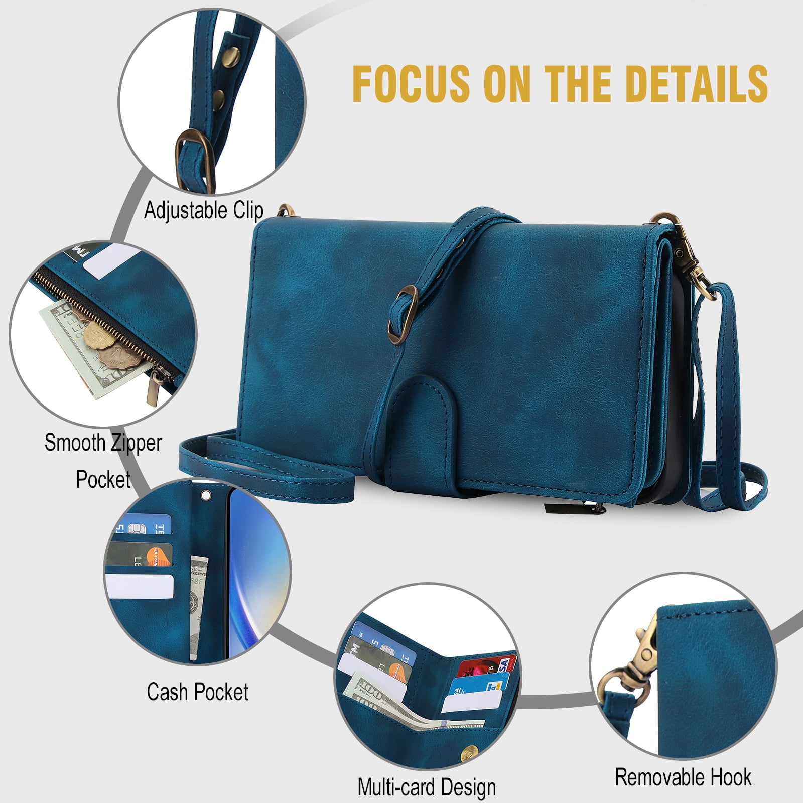 for Samsung Galaxy A16 4G/5G Wallet Case with Card Holder for Women Men, Phone Case RFID Blocking PU Leather Flip Shockproof Cover with Shoulder + Wrist Strap Zipper Credit Card Slots Stand, Blue