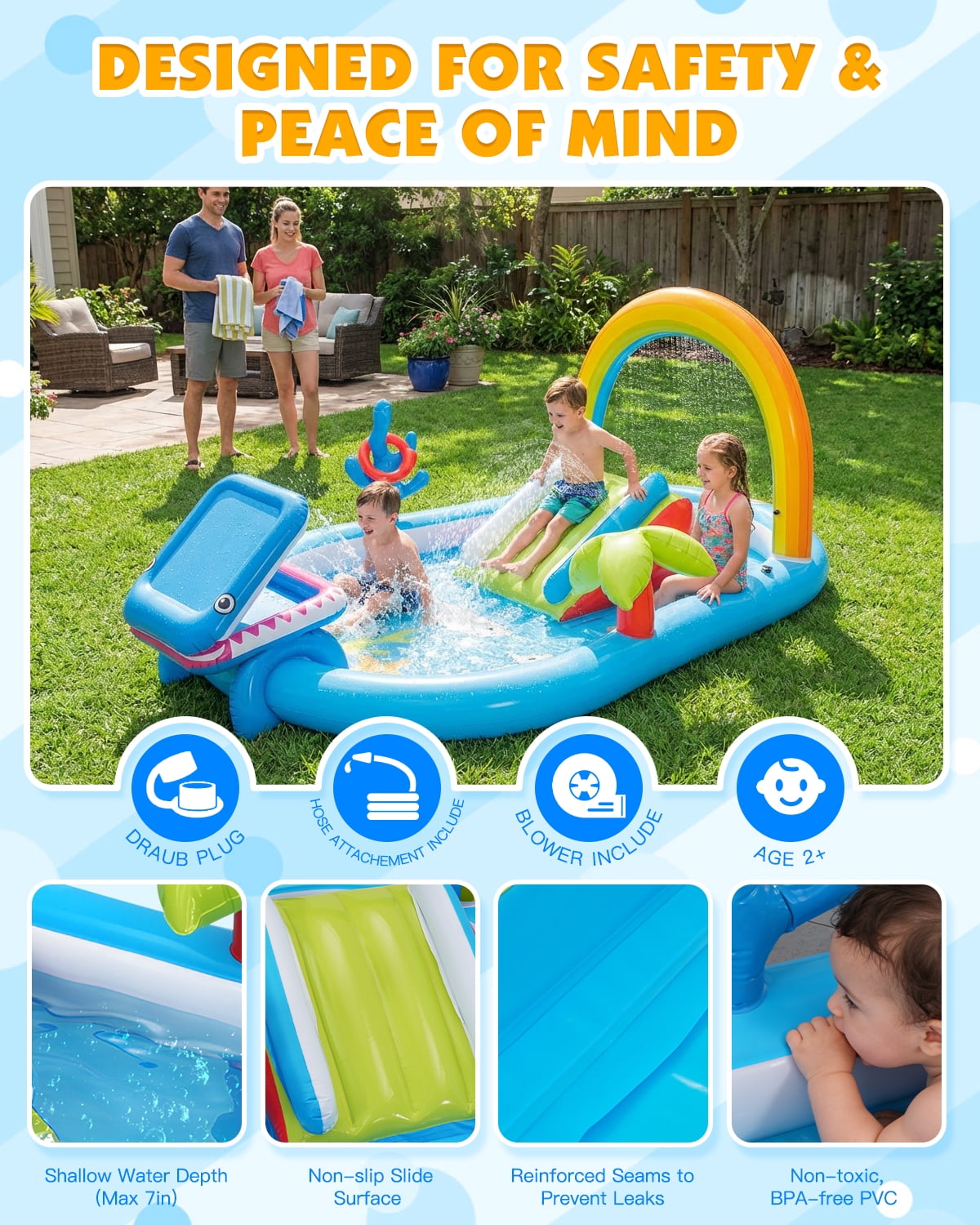 Qhomic 6-in-1 Inflatable Play Center with Pool, Indoor/Outdoor Water Park Pool with Water Slide, Shark-Shaped Ball Toss, Water Sprinklers, Ring Toss Game, Dry & Wet Use