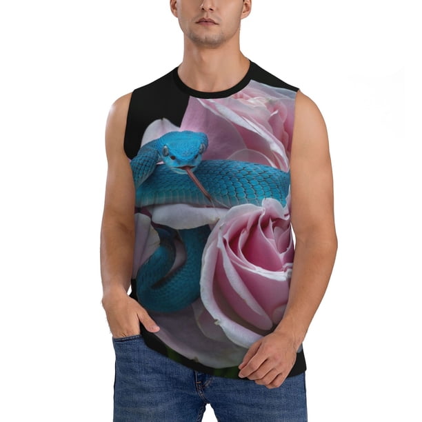 Fotbe Blue Lipped Pit Viper And Three Pink Roses Men's Camiseta sin Mangas Estampada para Hombres, Playera Casual para Gimnasio, Entrenamiento, Playa-Large