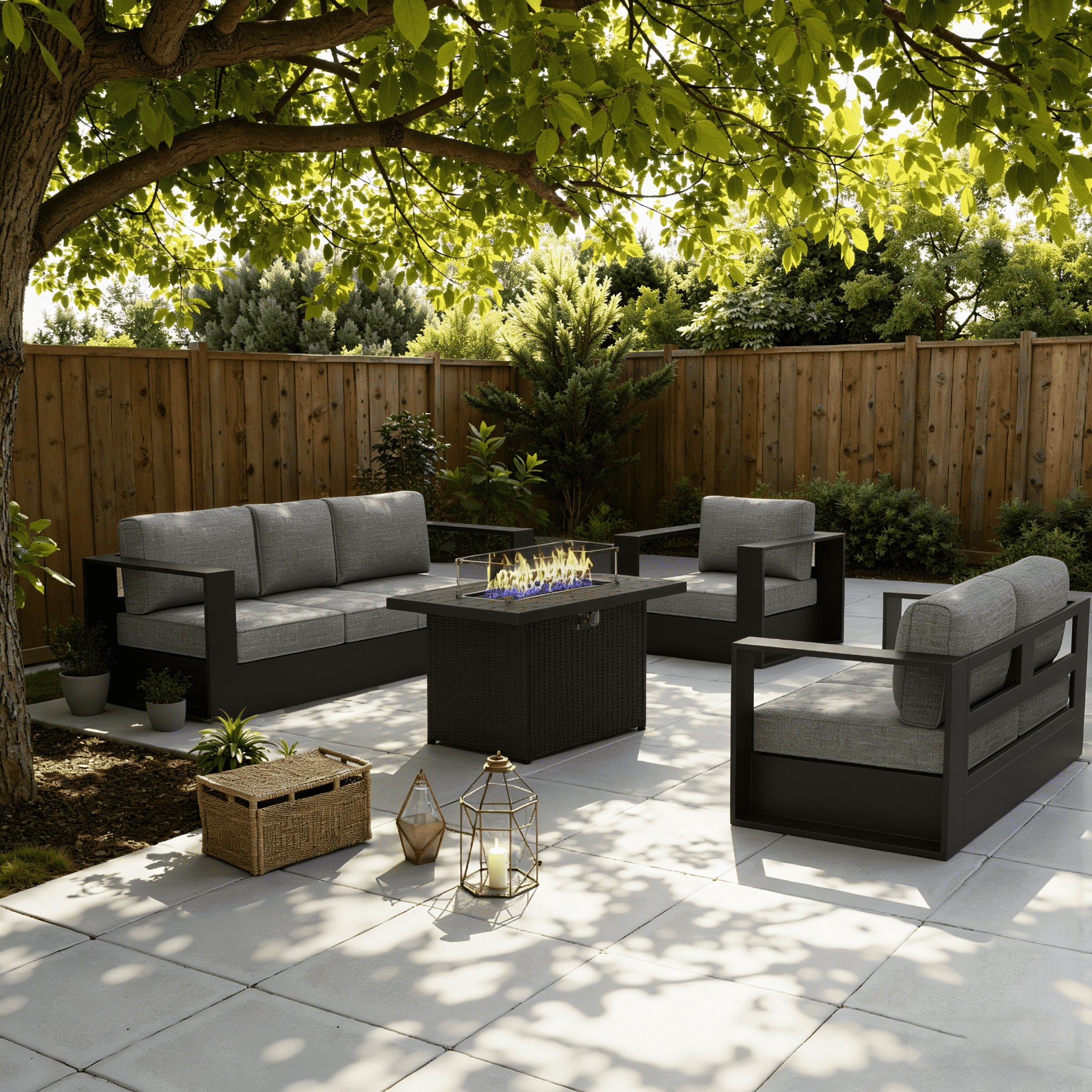 LayinSun Oversized Aluminum Outdoor Furniture Set, 5 Piece Patio Sofa Sets with Fire Pit Table, Deep Seating and Upgraded 6-inch Cushions for Porch, Balcony, Deck
