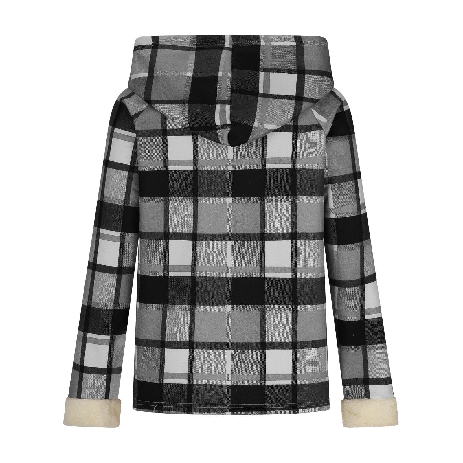 Womens Winter Coats Plaid Woolen Full-zip Hooded Jackets with Sherpa Lined Thick Warm Faux Shearling Outerwear (L, Gray)