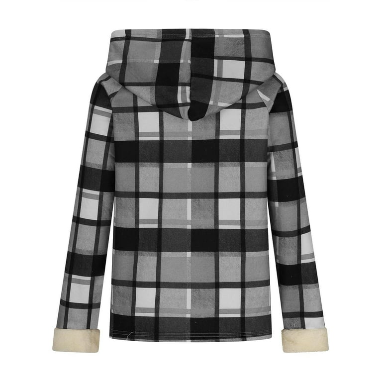 YOIAVAIOY Women's Plaid Hooded Jacket Open Front Fleece Lined