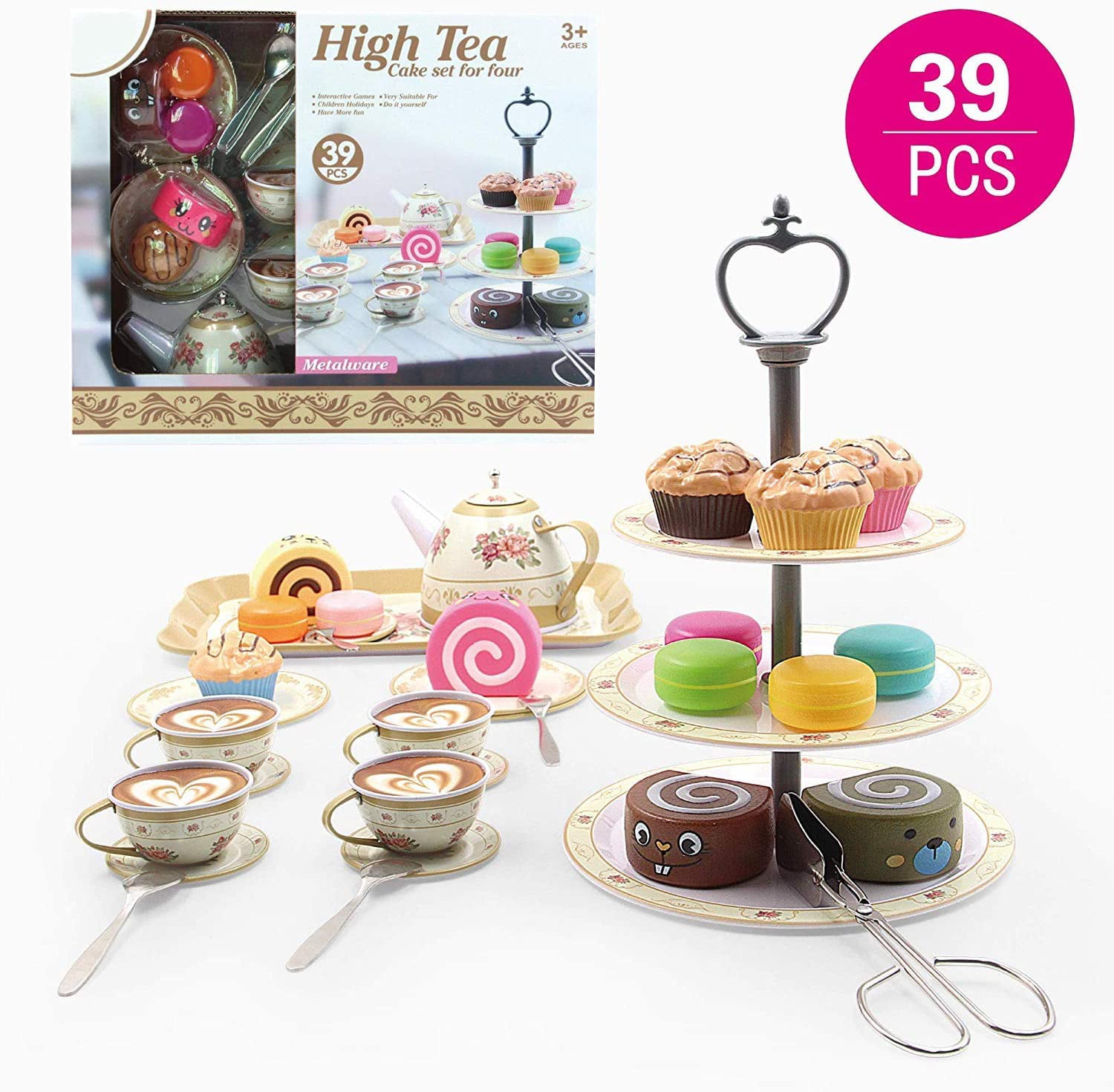 Toy Tea-Set Food Metal Kitchen Play Cups Cake Saucers Childrens Teapot Afternoon 