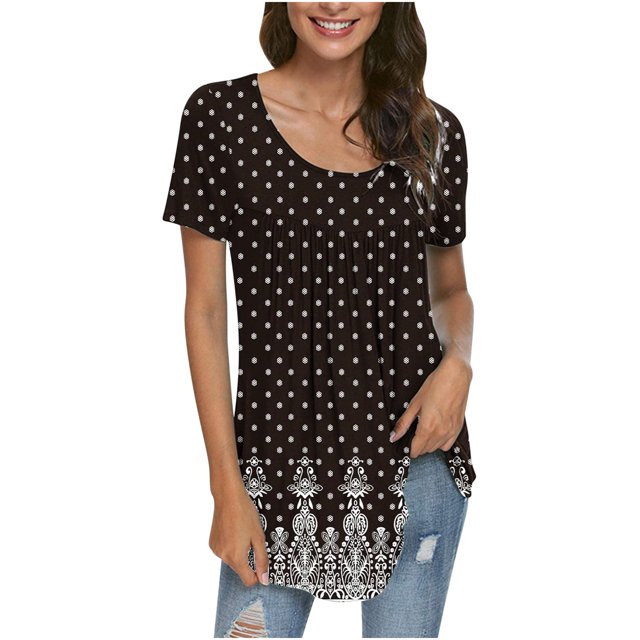 Pompotops Femmes Mode Imprimé Casual Col Rond Manches Courtes T-Shirt Blouse Tops