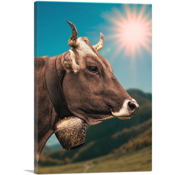 ARTCANVAS Cow With The Bell In The Field Home decor Canvas Art Print - Size: 26" x 18" (0.75" Deep)