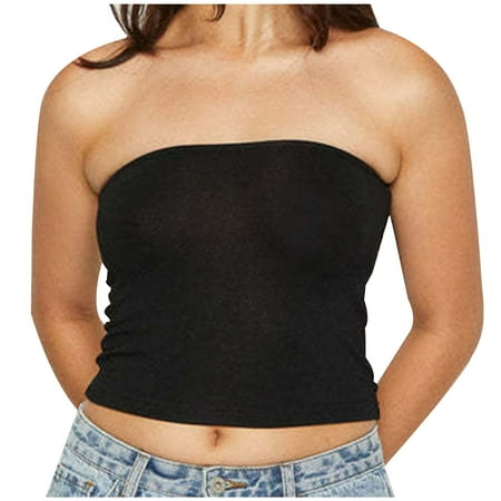 WCMZJ Medium Length Bandeau Bra Top For Women Basic Strapless Tube Tops Going Out Off Shoulder Crop Tank Solid Color Sleeveless Stretchy Slim Shirts
