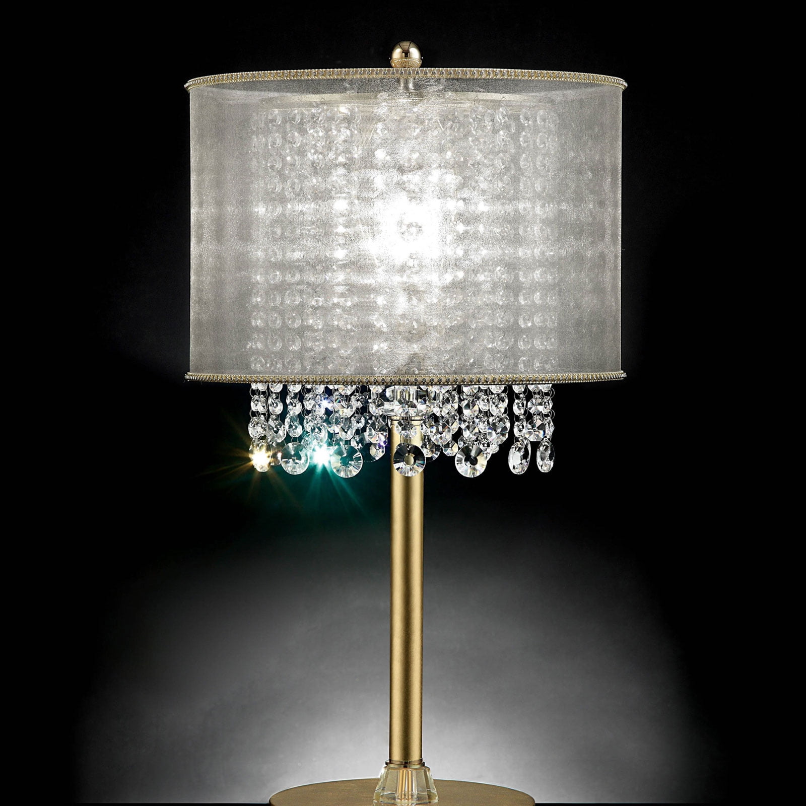 Table Lamp With Hanging Crystal Droplets And White Drum Shade Gold