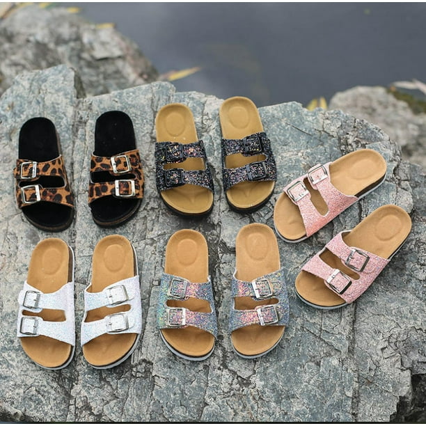 Women s Slide Sandals with Adjustable Buckle Slip on Cork Footbed Slippers Walmart