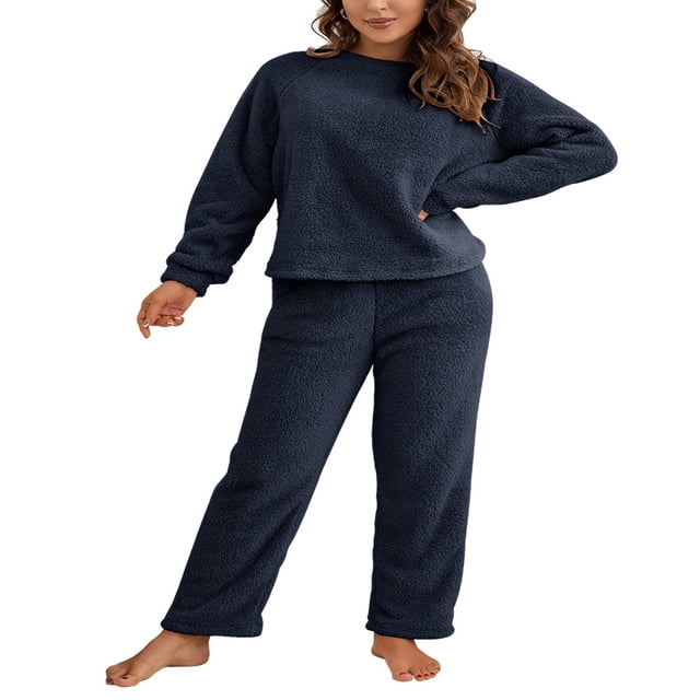 Peluche de Femmes de Couleur Unie à Manches Longues et Pantalons Pyjamas Ensembles Hiver Chaud Femmes Cadeau