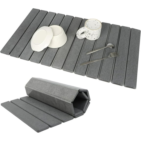 Extra Large Stone Dish Drying Mat for Kitchen Counter, 28"×16" Eco-friendly,Instant Drying Pad,Diatomaceous Earth Water Absorbing Mat, Foldable and Super Absorbent Dish Drying Stone Mat, Dark Gray