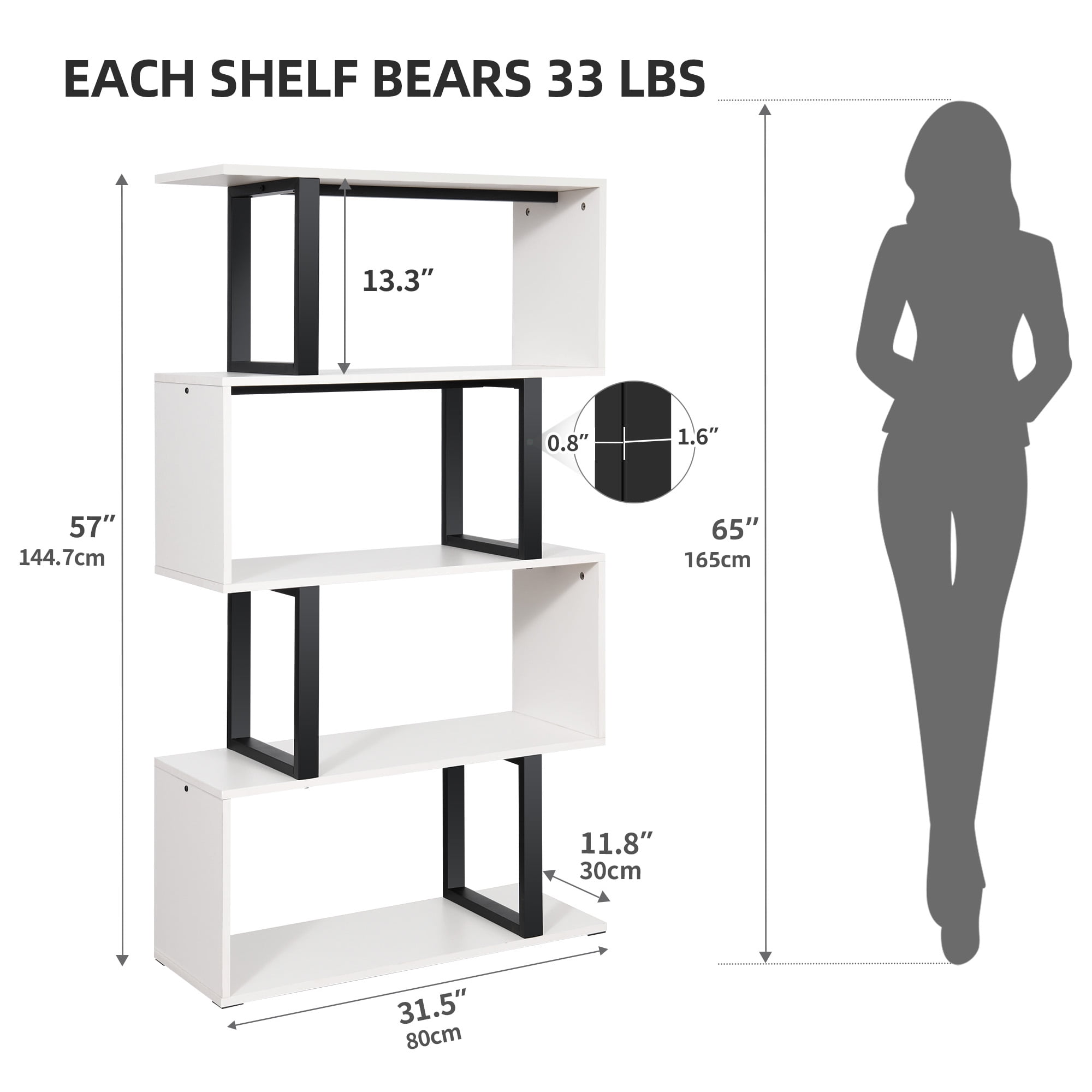 Dextrus 5-Tier S-Shaped Bookshelf, Geometric Bookcase Wooden Z-Shelf Storage Modern Open Shelving, Freestanding Display Bookshelf for Living Room Home Office, White