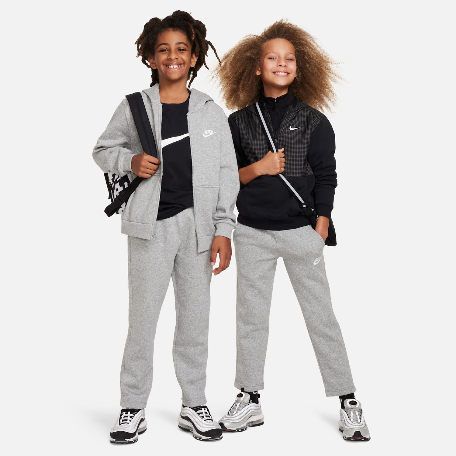 Nike Sportswear Club Fleece Big Kids' Open-Hem Pants Color: Dark Grey Heather/Base Grey/White Size: S