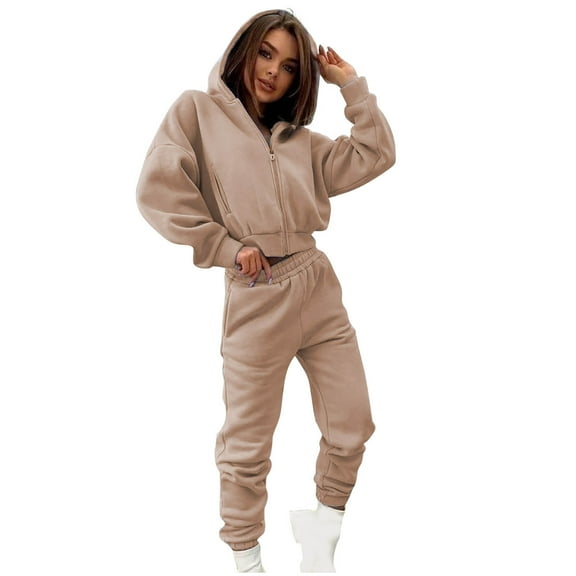 Womens Sweatsuits 2 Piece Long Sleeve Zip Pockets Short Sweatshirt with Pocket Casual Wide Leg Sweatpants Jogger Sport 2025 Fall Trendy Tracksuits Oversized Lounge Solid Color Outfits Matching Sets
