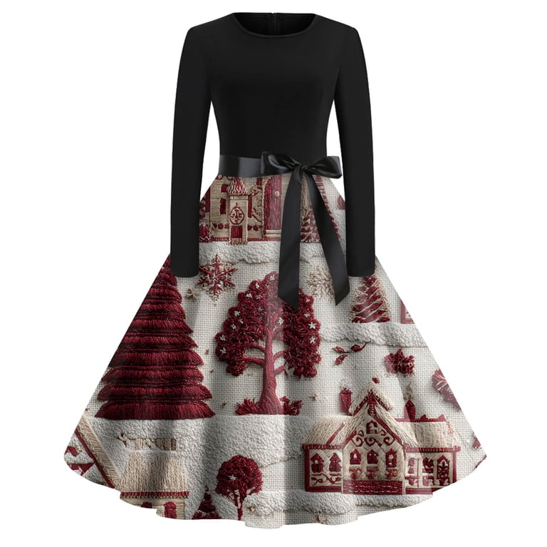 dark red christmas dress WTOBBY Christmas Print Flare Dress for Women Long Sleeve Square Collar Retro Party Casual Dress with Snowflake and Christmas Tree Pattern Design,Deep Red S
