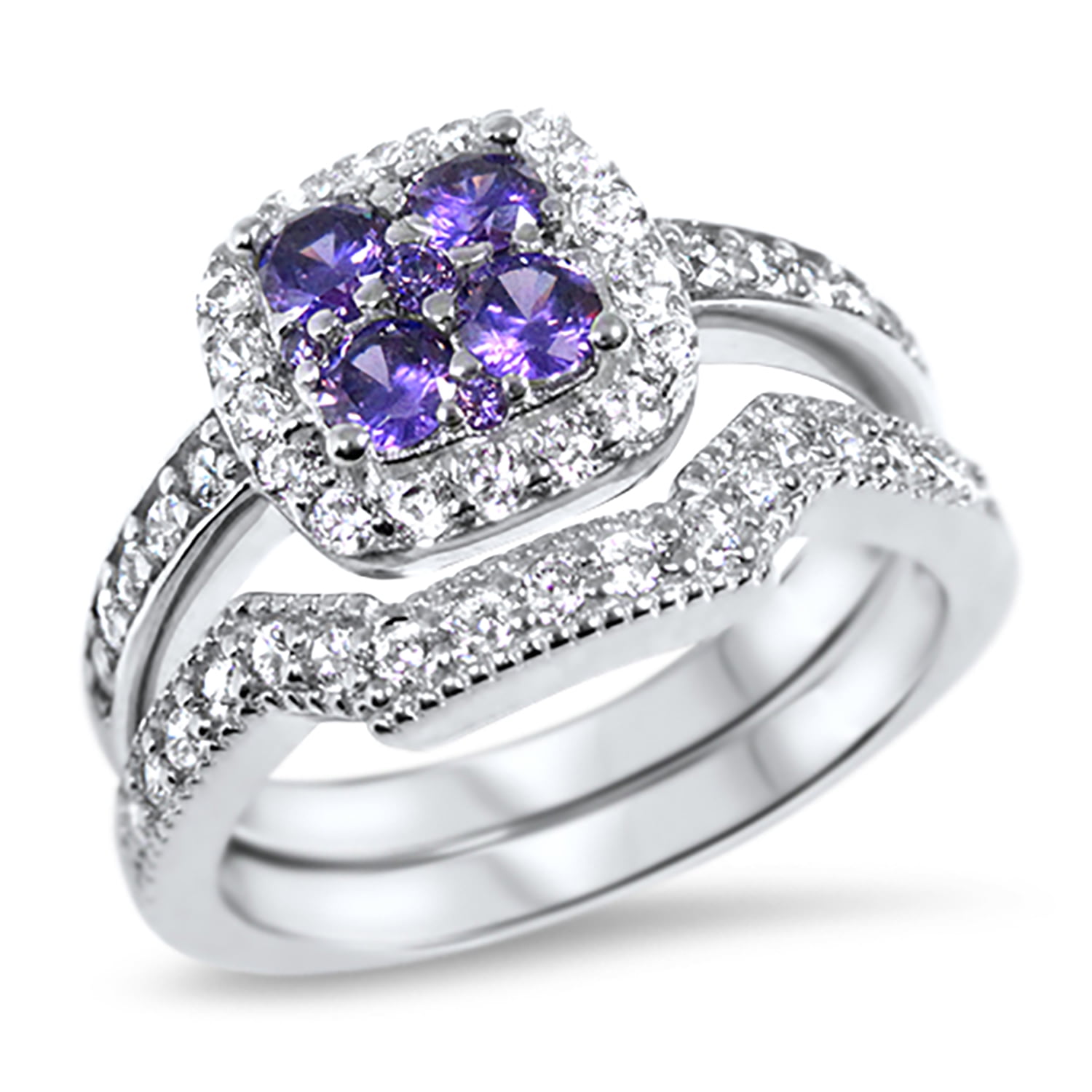 Brilliant Cut Lavender Engagement Wedding CZ Sterling Silver Ring Set 