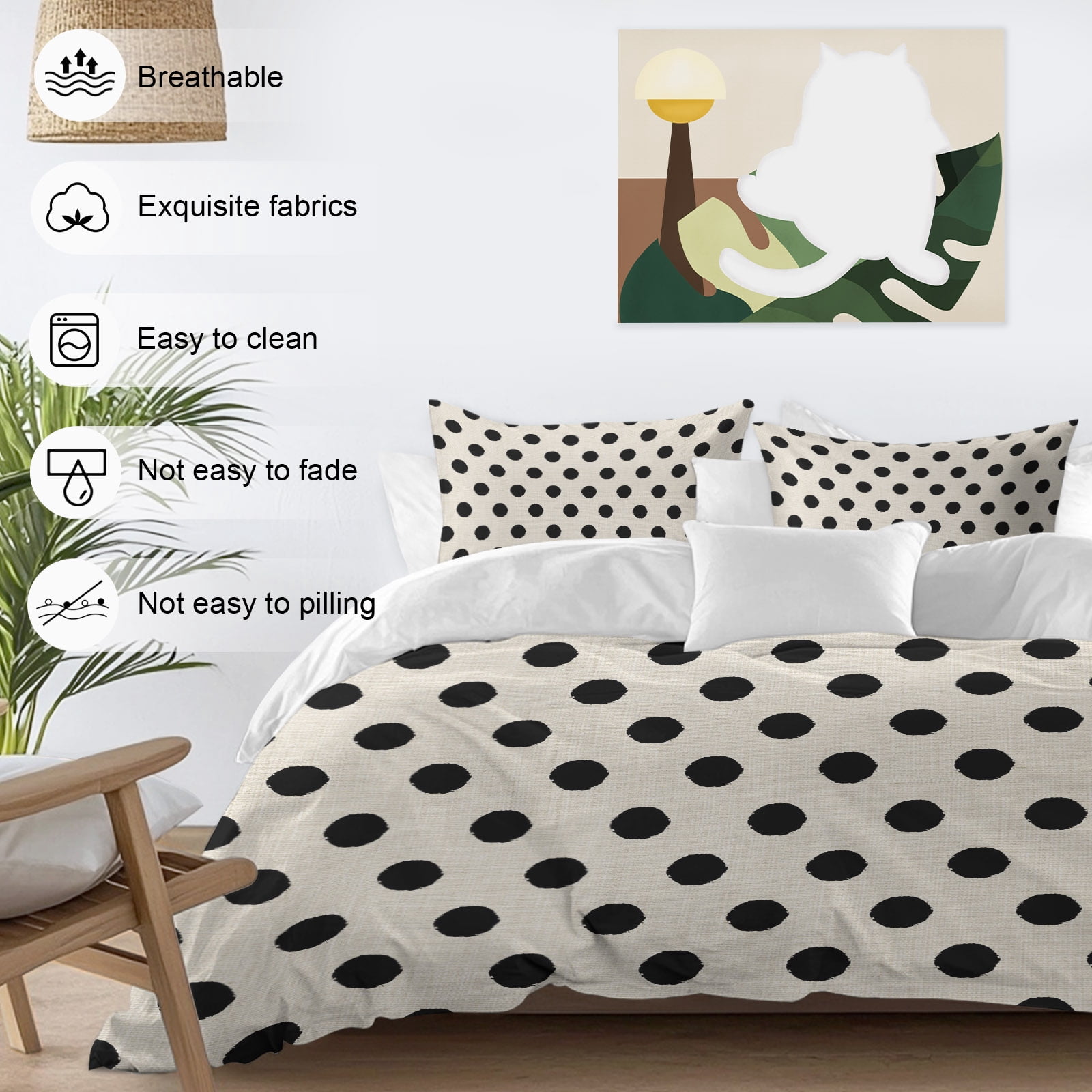 Black White Polka Dots California King Duvet Cover Set, Cute Solid Color Linen 4 Piece Microfiber Bedding Set with Zipper Closure, Bed Sheet and 2 Pillow Shams, Soft Bedding Cover