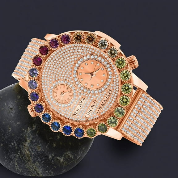 Solitaire Men's 18K Rose Gold Finish Rainbow Multi Tone Chronograph Real Diamond Dial Custom Bezel And Band Watch Analog 45mm W/Date