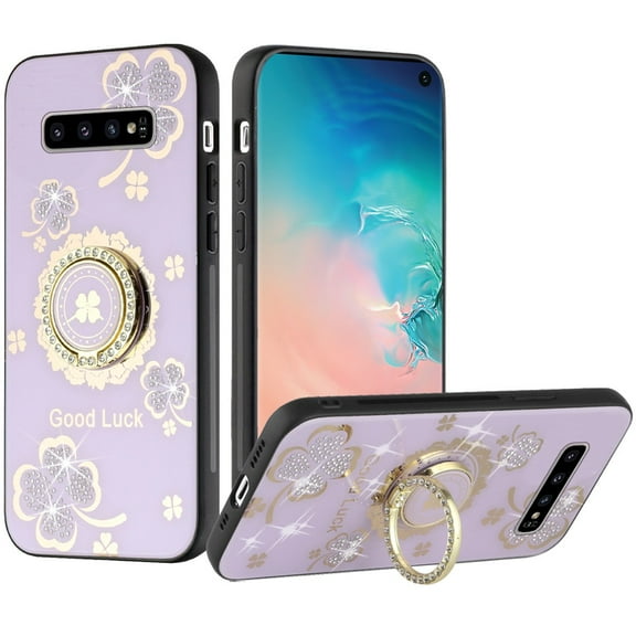 For Samsung Galaxy S10  Plus Diamond Bling Sparkly Glitter Ornaments Engraving Hybrid Ring Stand Fashion Cover ,Xpm Phone Case [ Purple Good Luck Floral ]