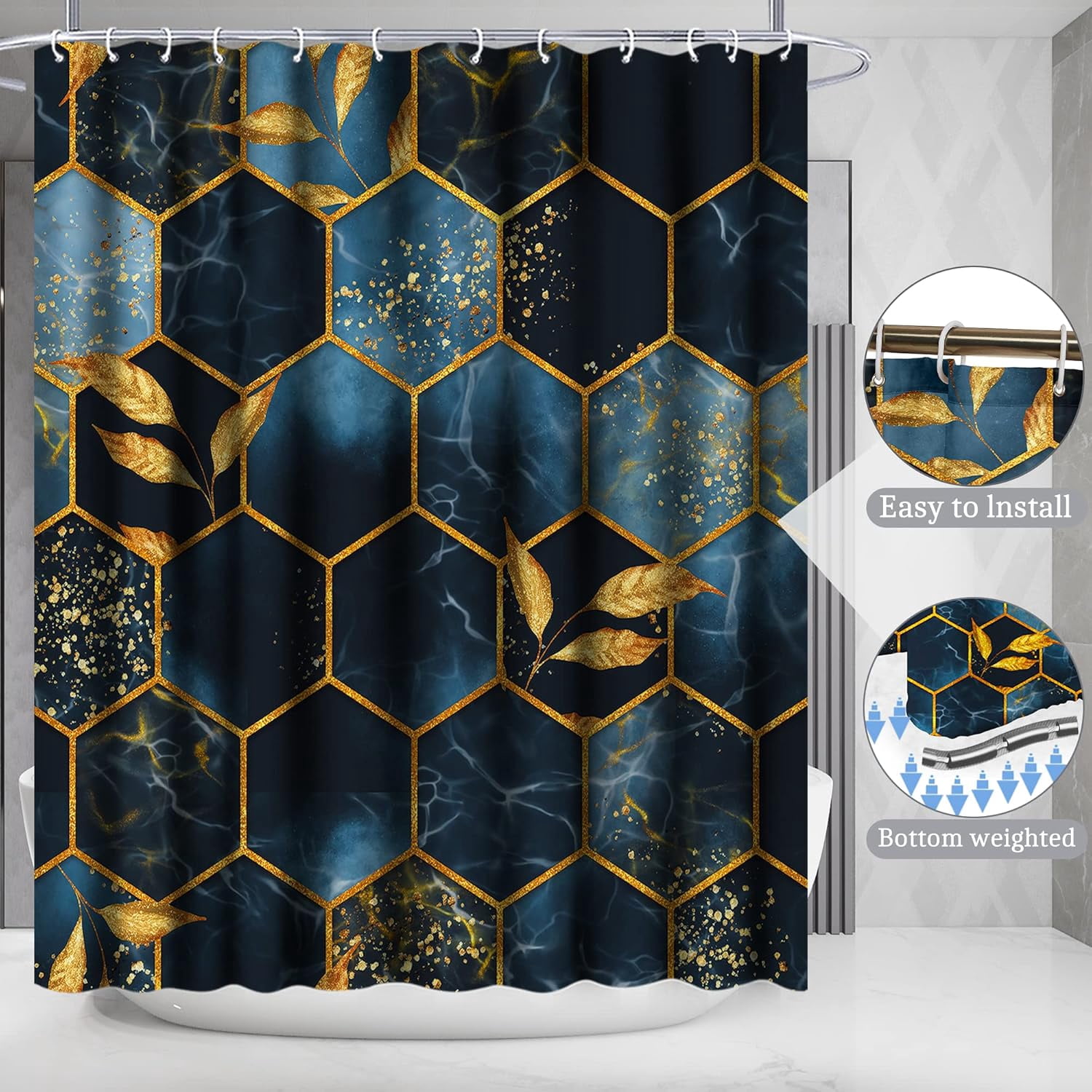 4 Pcs Bathroom Shower Curtain Set,Bathroom Sets with Rugs(Bath Mat,U Shape and Toilet Lid Cover Mat) and 12 Hooks,Sky Blue Honeycomb Marble