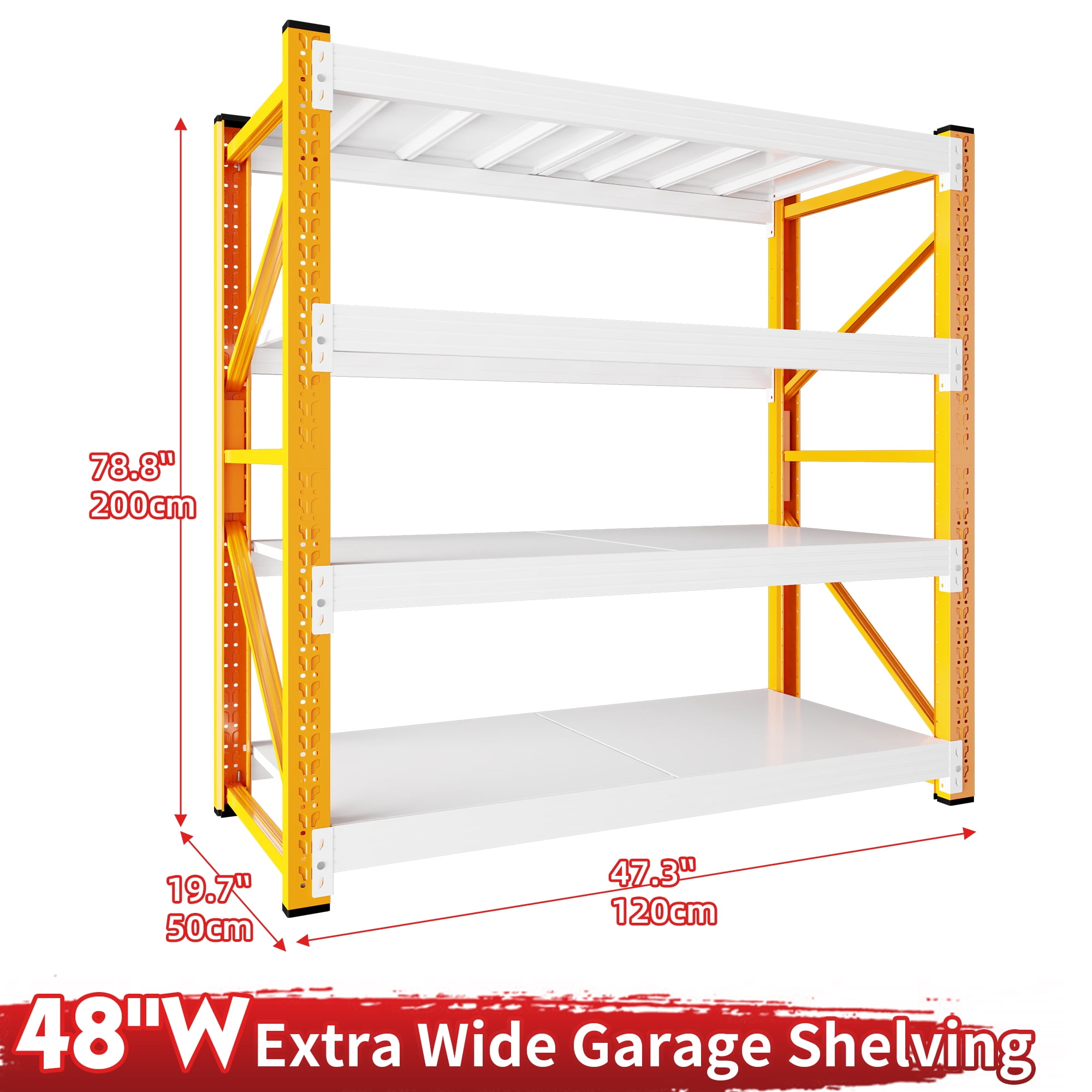 48" W Garage Shelving 3000LBS Garage Shelving Heavy Duty 4-Tier Metal Storage Shelves Adjustable Shelf Unit Storage Rack for Basement Supermarket Warehouse 48" W x 20" D x 78" H Orange-White