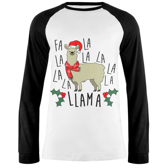 Christmas Fa La Llama Mens Long Sleeve Raglan T Shirt White-Black 2XL