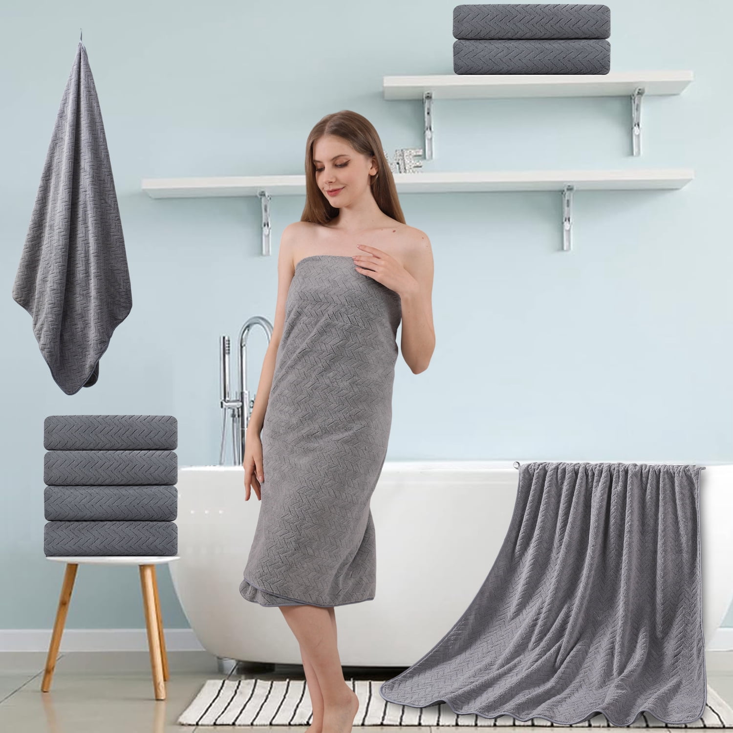 Beartech 3 Pack Microfiber Bath Towel Set Soft & Quickly Dry Bathroom Towel,Super absorbent Plush Bath Sheet Towel Oversized Towels Hotel Shower Towel-Dark Gray