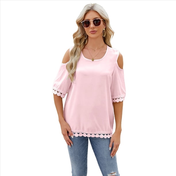 Blusa de Verano de Corta con Hombros Descubiertos y Encaje Acampanado para Mujer Rosa S