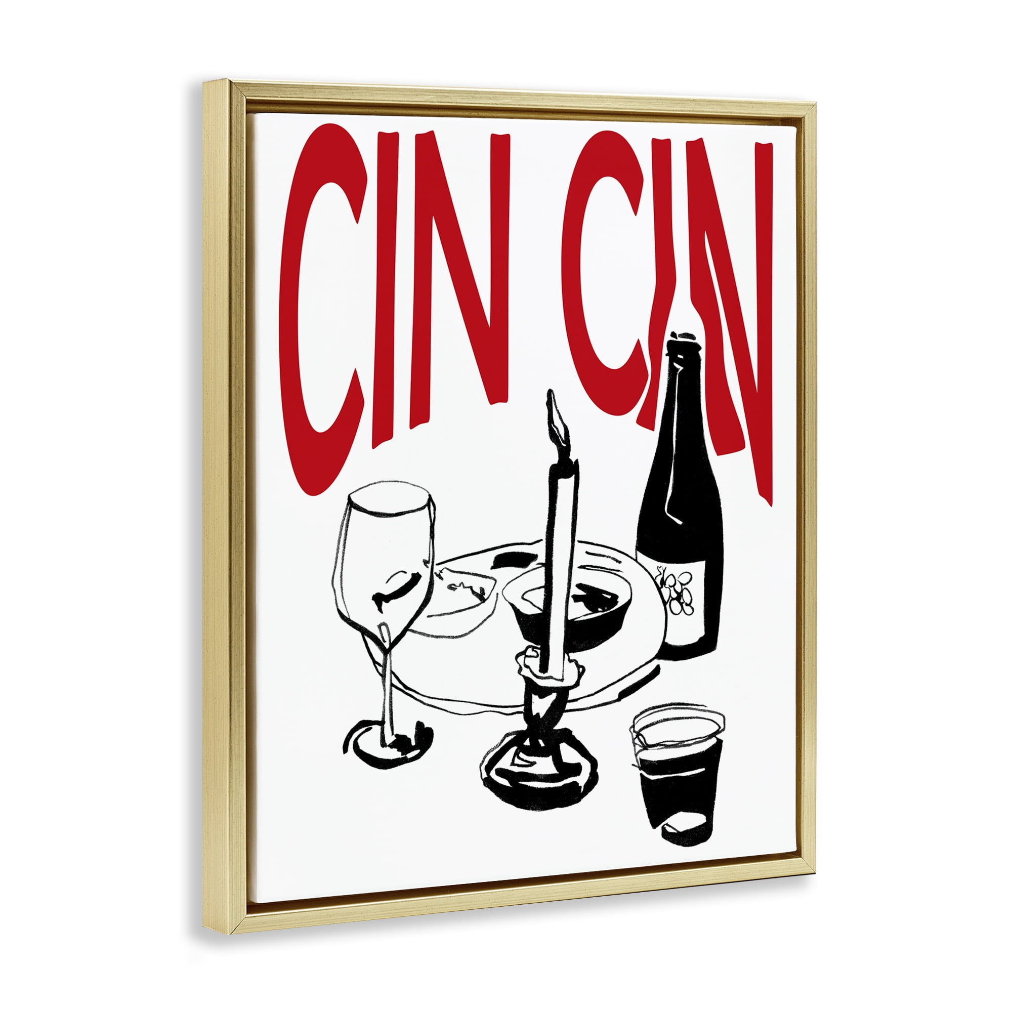 Stupell Industries Cheers Cin Cin Wine Food & Beverage Painting Gold Floater Framed Canvas Art Print Wall Art, 17 x 21
