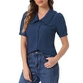 thumbnail image 4 of BLUSA CHIC PARA MUJER CON COLLAR PETER PAN Y MANGAS CORTAS ABULLONADAS CAMISA RETRO XS AZUL OSCURO, 4 of 6