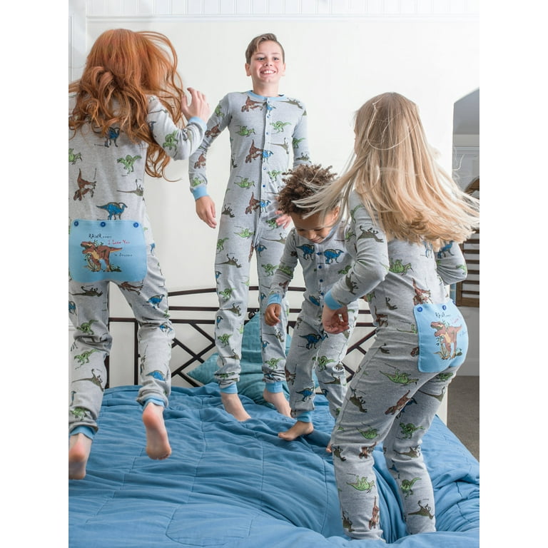 Dinosaur Union Suit Boys Girls one piece Pajamas T Rex on Rear Flap