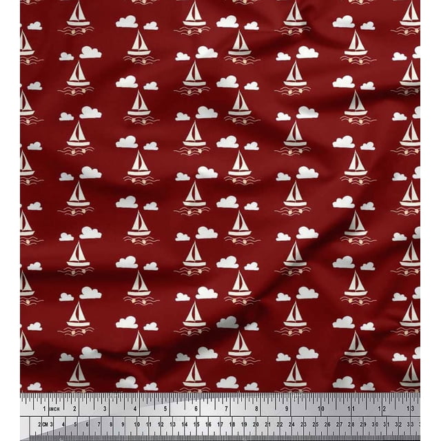 Soimoi Georgette Viscose Fabric Cloud,Fish & Yacht Nautical Print Fabric by The Yard 42 Inch Wide