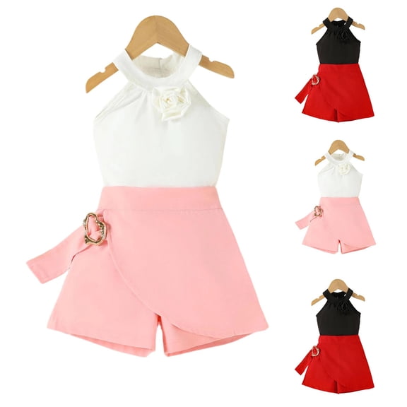 Mifsaly Girls 2 Piece Summer Outfit Sets Halter Neck Sleeveless Tops with 3D Rose Applique and Decorative Buckle Wrap Skort Shorts Kids Fashion Party Casual Clothes