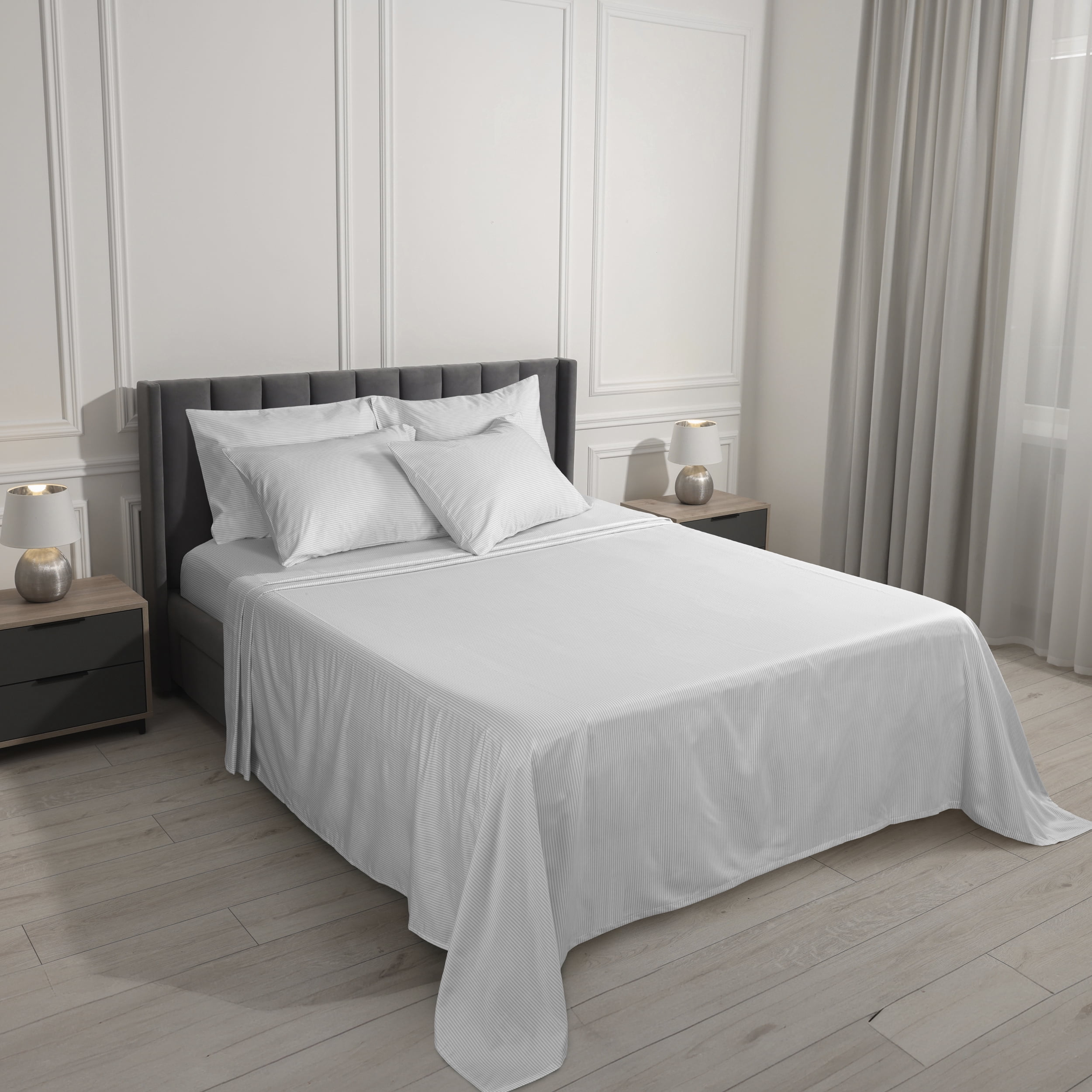 Serta 6-Piece 800 Thread Count Gray Stripe Cotton Rich Adult Bed Sheet Set, Full - Deep Pocket