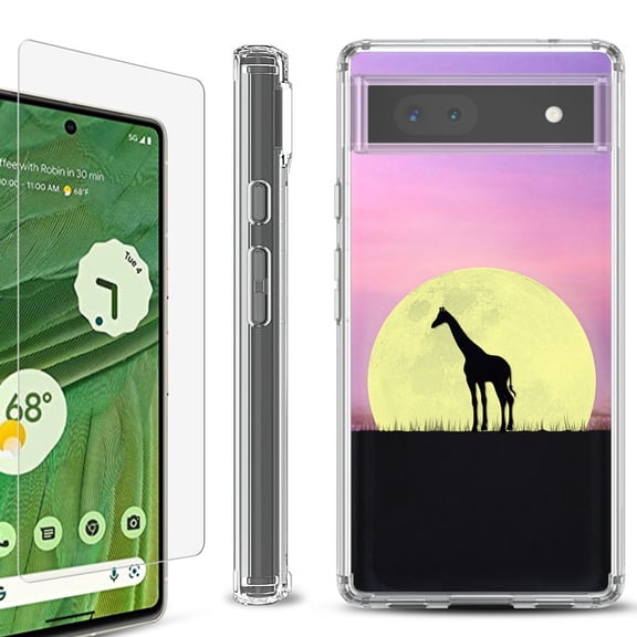 Shockproof Bumper Phone Case for Google Pixel 6a, with Tempered Glass Screen Protector, by OneToughShield ® - Moonlight Giraffe