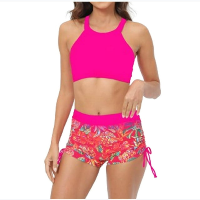 TopLLC Womens Two Piece Vintage Swimsuit Retro High Neck Halter Floral Swimwear Ruched High Waist Bikini with Bottom