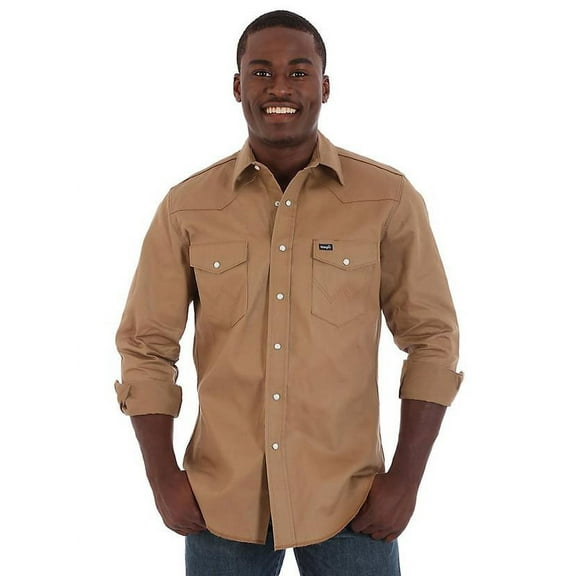 Mens Light Brown Twill Long Sleeve Western Shirt - (Extended Size)